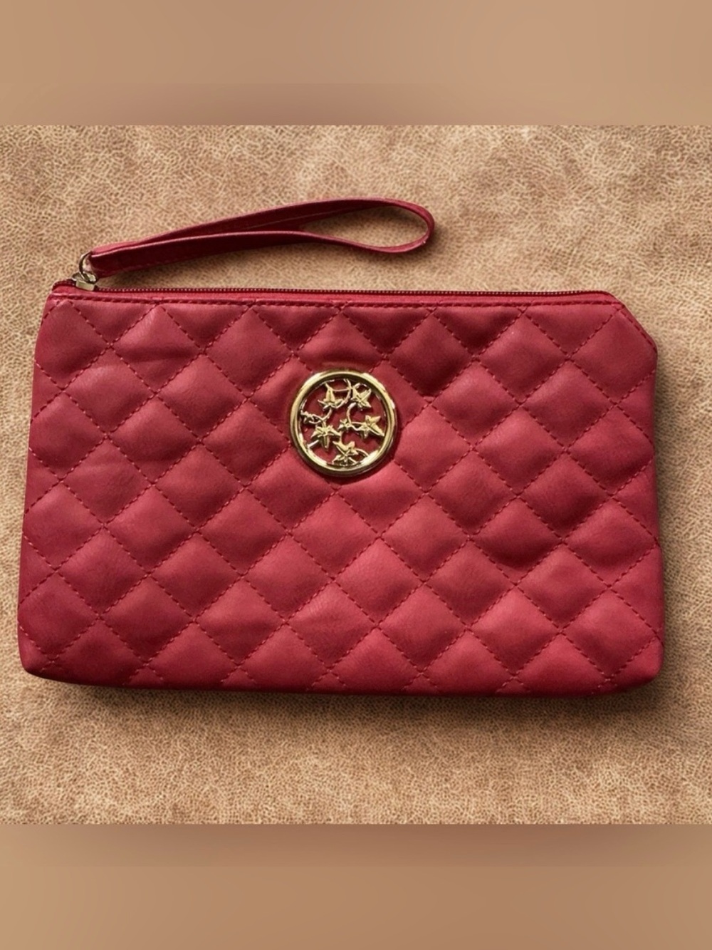 Quilted Faux Leather Makeup Cosmetic Bag Wristlet Gold Tone Accents